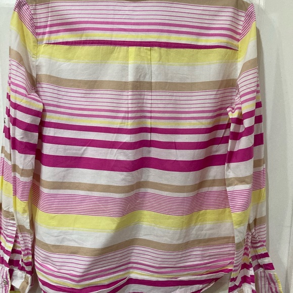 New York & Company pink striped pull over button shirt. - Picture 3 of 7